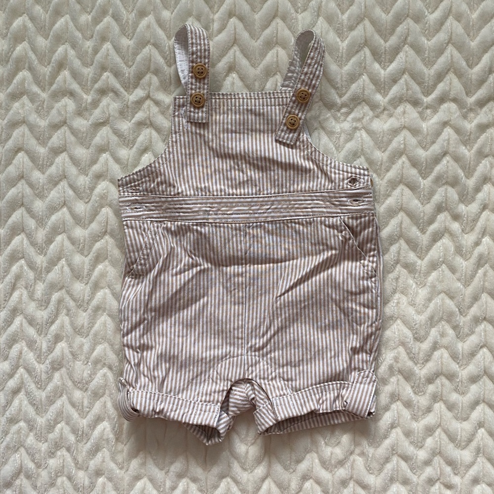 Janie and Jack boys overalls, white and tan striped, size 3 month